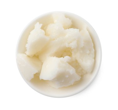 Kabın içindeki doğal Shea yağı beyaza izole edilmiş, üst manzara