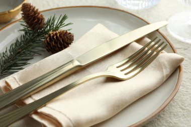 Tabak, çatal bıçak, köknar dalları ve kozalaklı Noel sofrası, yakın plan.