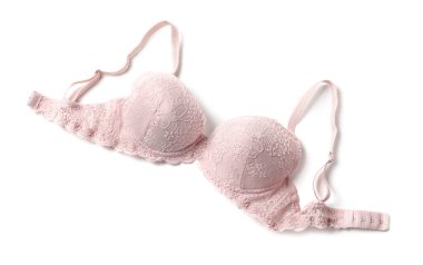 Zarif pembe dantelli kadın iç çamaşırları beyaz, üstten görünüyor.