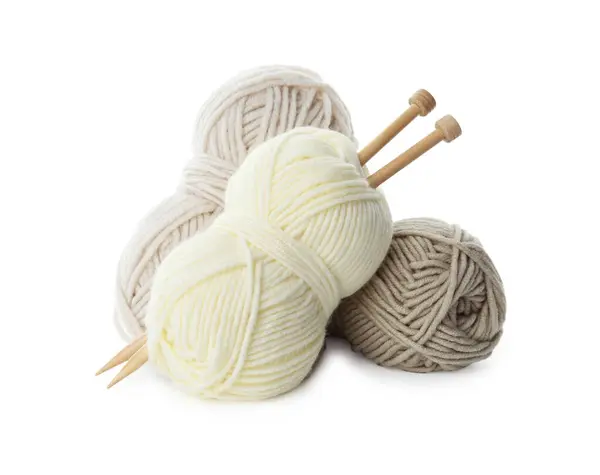 stock image Skeins of soft yarn and knitting needles isolated on white