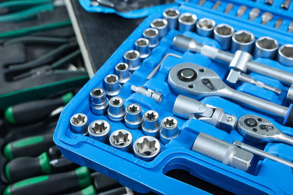 Set of different auto mechanic's tools, closeup