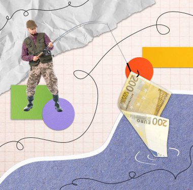 Avro banknotunu oltayla yakalayan balıkçı, yaratıcı kolaj. Arka plan olarak farklı kağıtlar. Para takibi, iş başarısı kavramları