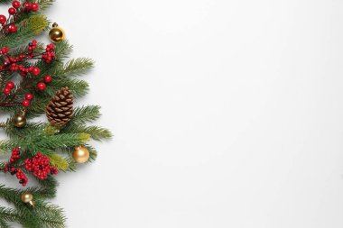 Beyaz arka planda Noel süsleri olan firavun ağacı dalları. Metin için boşluk