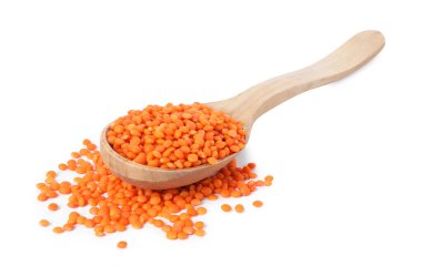 Beyaz kaşıkta çiğ mercimek.