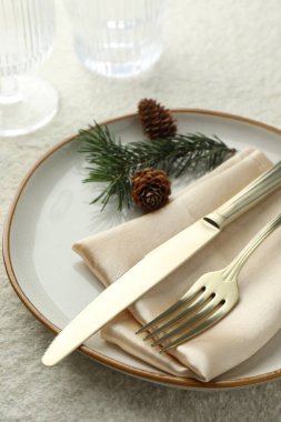 Tabak, çatal bıçak, köknar dalları ve kozalaklı Noel sofrası, yakın plan.