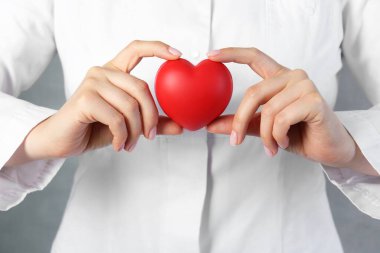 Gri arka planda kırmızı kalbi tutan doktor, yakın plan.