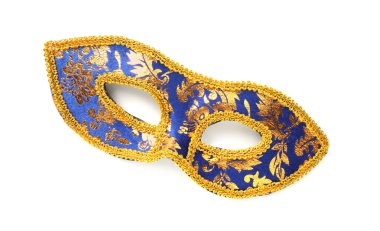 Beyaz arka planda güzel mavi karnaval maskesi, üst manzara