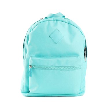 Beyaza izole edilmiş şık bir turkuaz sırt çantası.