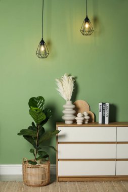 Çekmecelerde farklı dekoratif öğeler ve kapalı alandaki yeşil duvarın yanındaki bitki örtüsü.