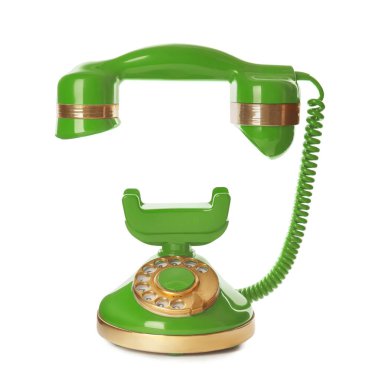Zarif, yeşil telefon beyazda izole edilmiş.