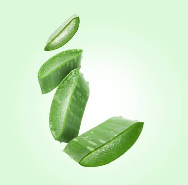 Taze aloe vera açık yeşil gradyan arka planda havada dilimler