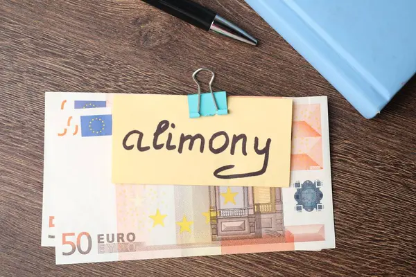 Sözcüklü bir kart, Avro banknotları, ahşap masa üzerinde defter ve kalem, üst görünüm