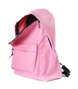 Beyaza izole edilmiş zarif pembe bir sırt çantası.