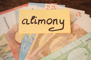 Sözcüklü kart Nafaka ve euro banknotları ahşap masa üzerinde, yakın plan