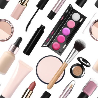 Dekoratif kozmetik ürünleri beyaza izole edilmiş, koleksiyona. Makyaj ürünleri