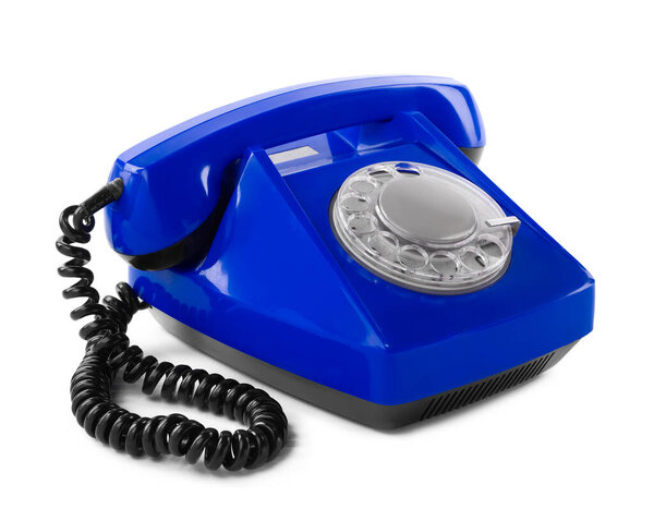Old blue telephone with rotary dial isolated on white