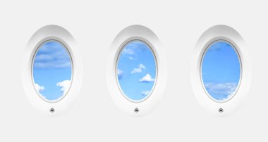 Beautiful sky with clouds, view through airplane windows in white sidewall of cabin clipart