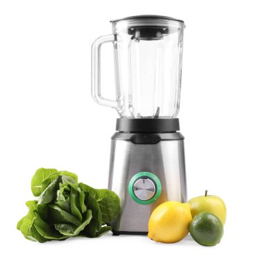 Modern blender ve taze ürünler beyaza izole edilmiş
