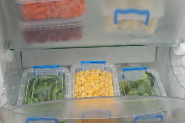 Buzdolabında farklı donmuş sebzeler olan plastik kaplar.
