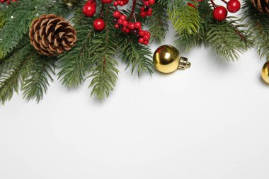 Beyaz arka planda Noel süsü olan fidan dalları, manzaranın üstünde. Metin için boşluk