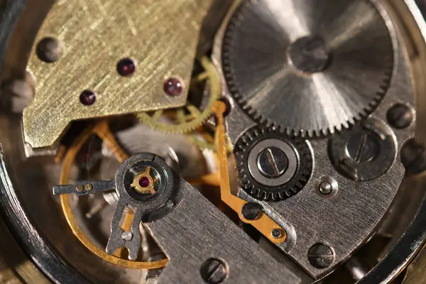 stock image Mechanism of vintage wrist watch, top view