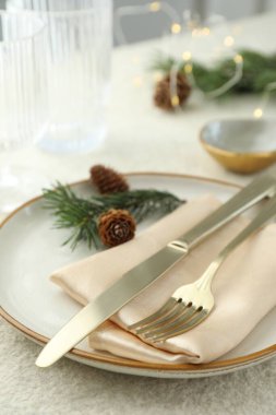 Tabak, çatal bıçak, köknar dalları ve kozalaklı Noel sofrası, yakın plan.