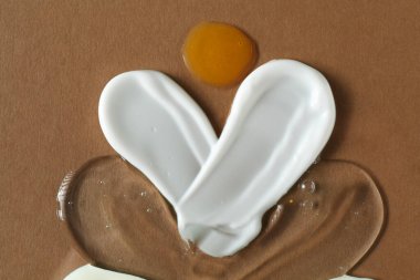 Kahverengi arka planda farklı kozmetik ürünlerinin kokusu, üst görünüm