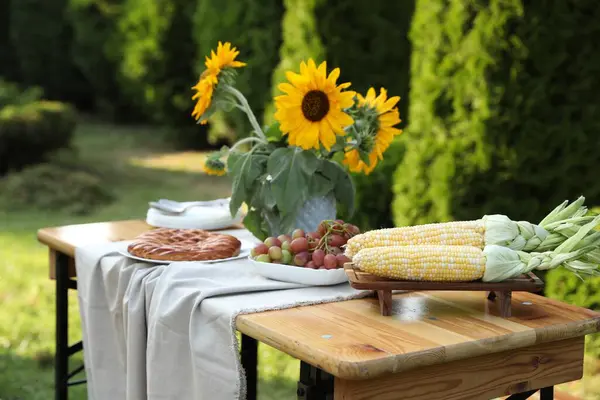 stock image Vase with sunflowers, grapes, pie and corncobs on wooden table in garden