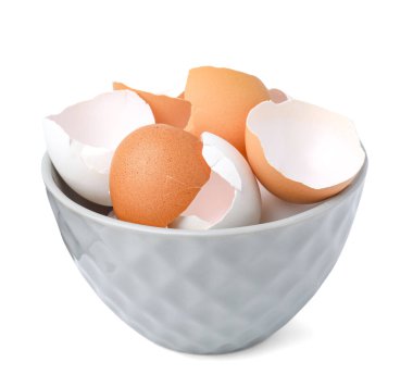 Broken eggshells in bowl isolated on white clipart