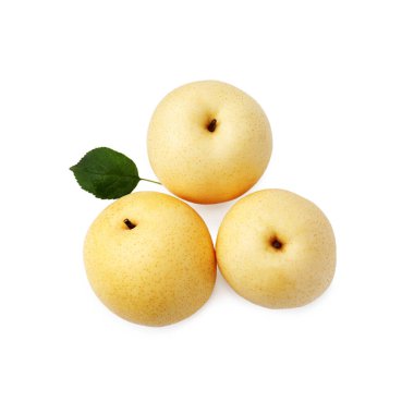 Lezzetli taze elma armutları ve yeşil yaprak beyaz, üst manzara