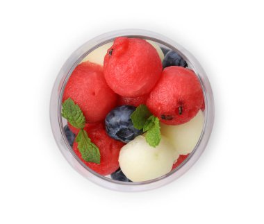 Lezzetli karpuz ve kavun topları, beyaz camlı yaban mersini, üst manzara.