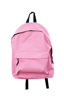 Beyaza izole edilmiş zarif pembe bir sırt çantası.