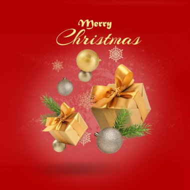 Mutlu Noel tebrik kartı hediye kutuları, köknar ağacı dalları, dekoratif balolar ve kırmızı zemin üzerinde kar taneleri