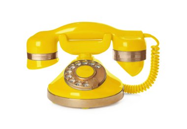 Zarif, sarı telefon beyaza izole edilmiş.