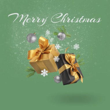 Mutlu Noel tebrik kartları hediye kutuları, köknar ağacı dalları, dekoratif balolar ve yeşil arka planda havada kar taneleri