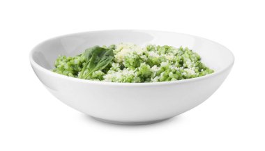 Parmesanlı peynirli ve beyaza ayrılmış lezzetli ıspanaklı risotto.