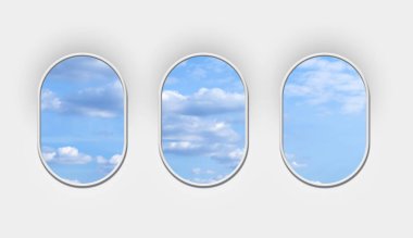 Beautiful sky with clouds, view through airplane windows in white sidewall of cabin clipart