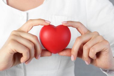 Gri arka planda kırmızı kalbi tutan doktor, yakın plan.