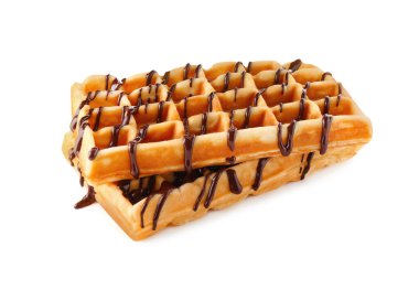 Lezzetli Belçika waffleları. Erimiş çikolatalı ve beyazın üstünde.