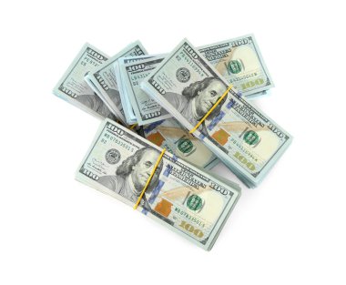 Beyaz, üst görünümde izole edilmiş dolar yığını.