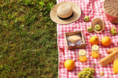 Piknik sepeti, farklı atıştırmalıklar, meyve suyu ve yeşil çimlerin üzerinde şapka, mesaj için yer