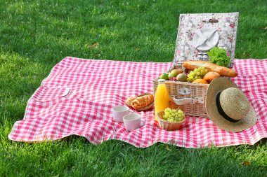 Dışarıdaki kareli battaniyenin üzerinde lezzetli yiyecek, içecek ve sofra takımı olan piknik sepeti.