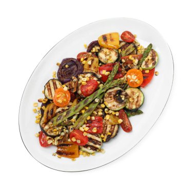 Izgara sebzeli leziz salata, beyaz, üst manzara.