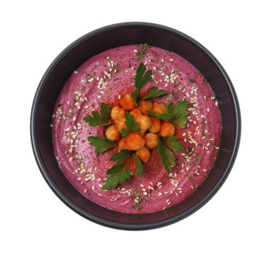 Lezzetli pancar humus ve nohut kasede yalıtılmış, beyaz, üst manzara