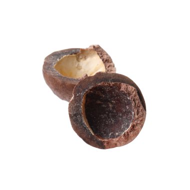 Macadamia fındık kabuğunun bir kısmı beyaza izole edilmiş.