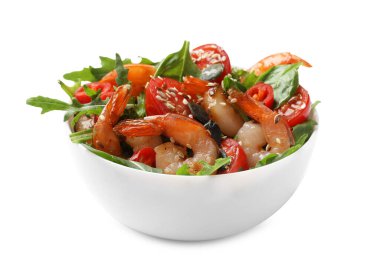 Lezzetli karides salatası ve beyaz kabın içinde sebzeler.