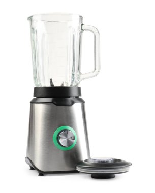 Modern blender ve kapak beyaza izole edilmiş. Mutfak aletleri.