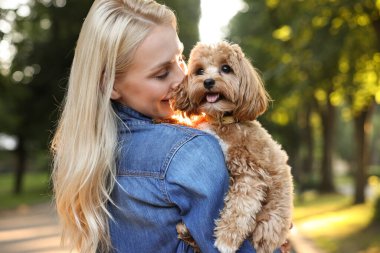 Parkta sevimli bir köpeği olan güzel genç bir kadın.