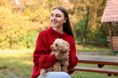 Sonbahar parkında sevimli köpeğiyle gülümseyen kadın.