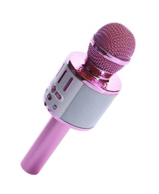 Bir pembe karaoke mikrofonu beyaza izole edilmiş.